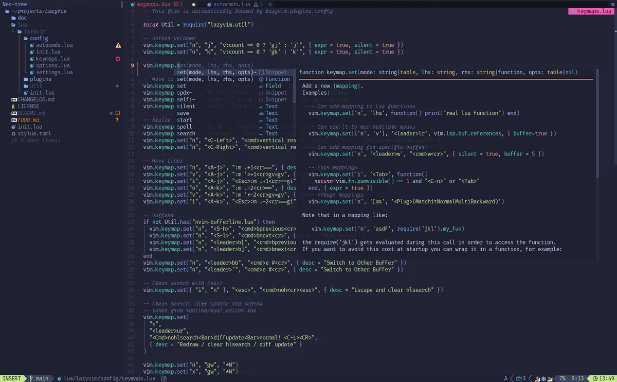 Neovim with LazyVim showing a file tree, code and a key hint popup