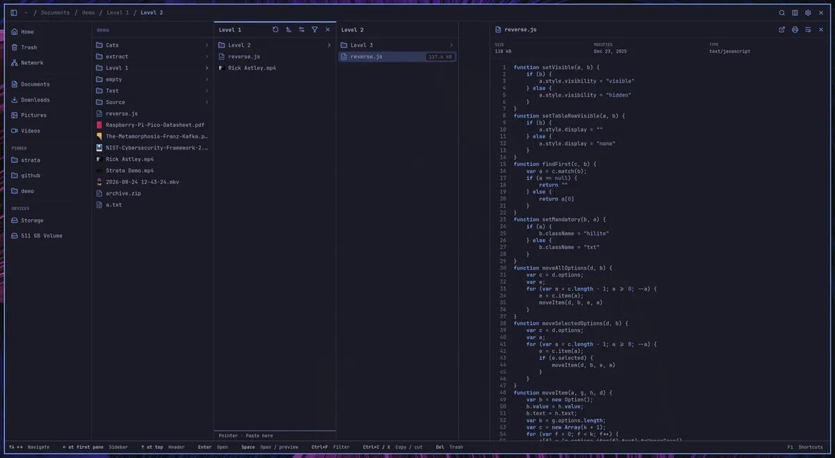 Strata showing Miller columns with a file preview on the right