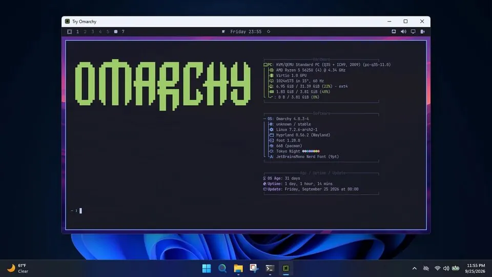 Try Omarchy showing the Omarchy desktop in a window on Windows 11
