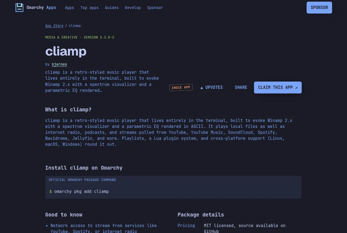 The cliamp listing on the Unofficial Omarchy App Store