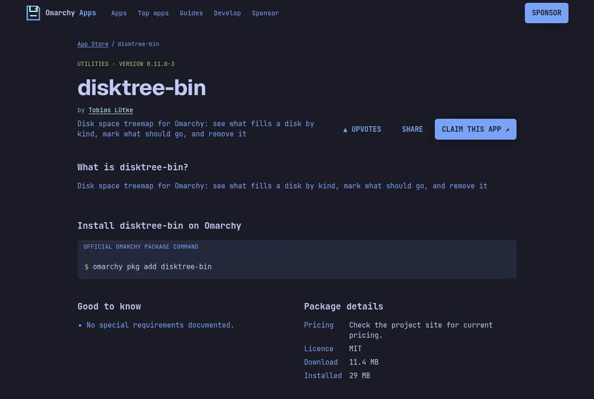 The disktree listing on the Unofficial Omarchy App Store