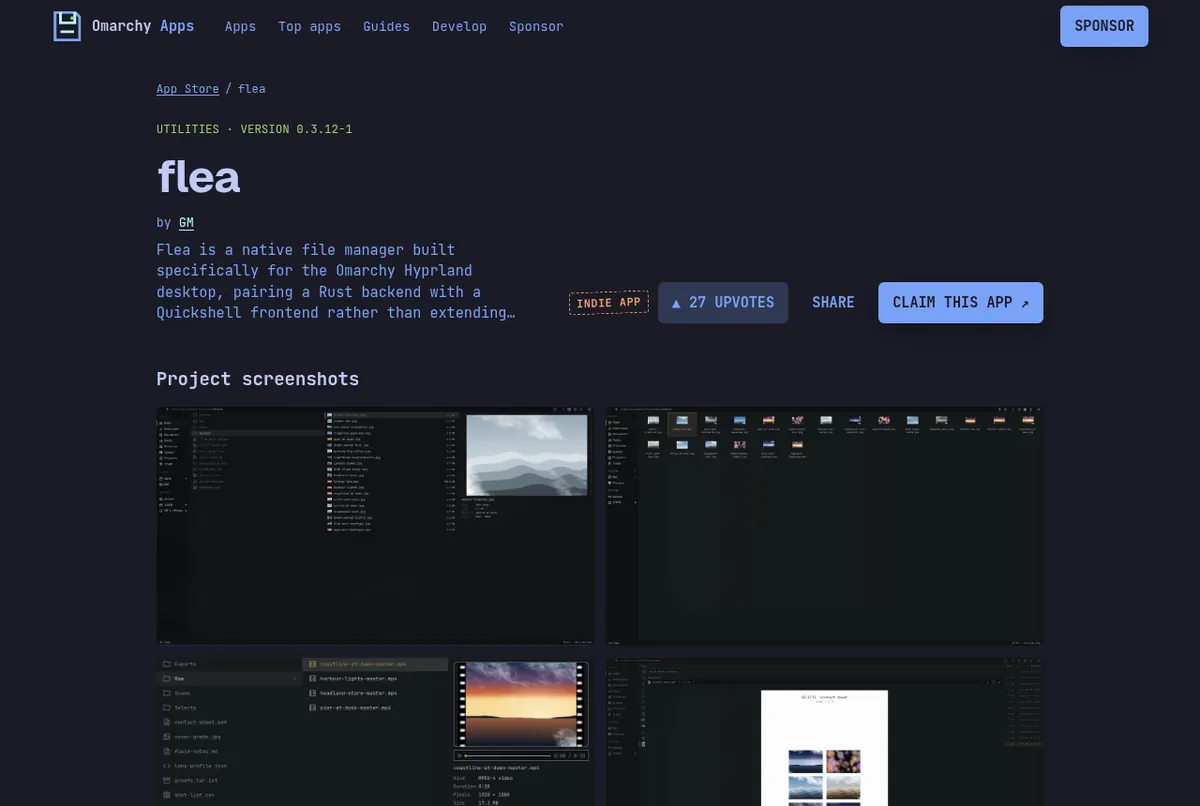 The flea file manager listing on the Unofficial Omarchy App Store