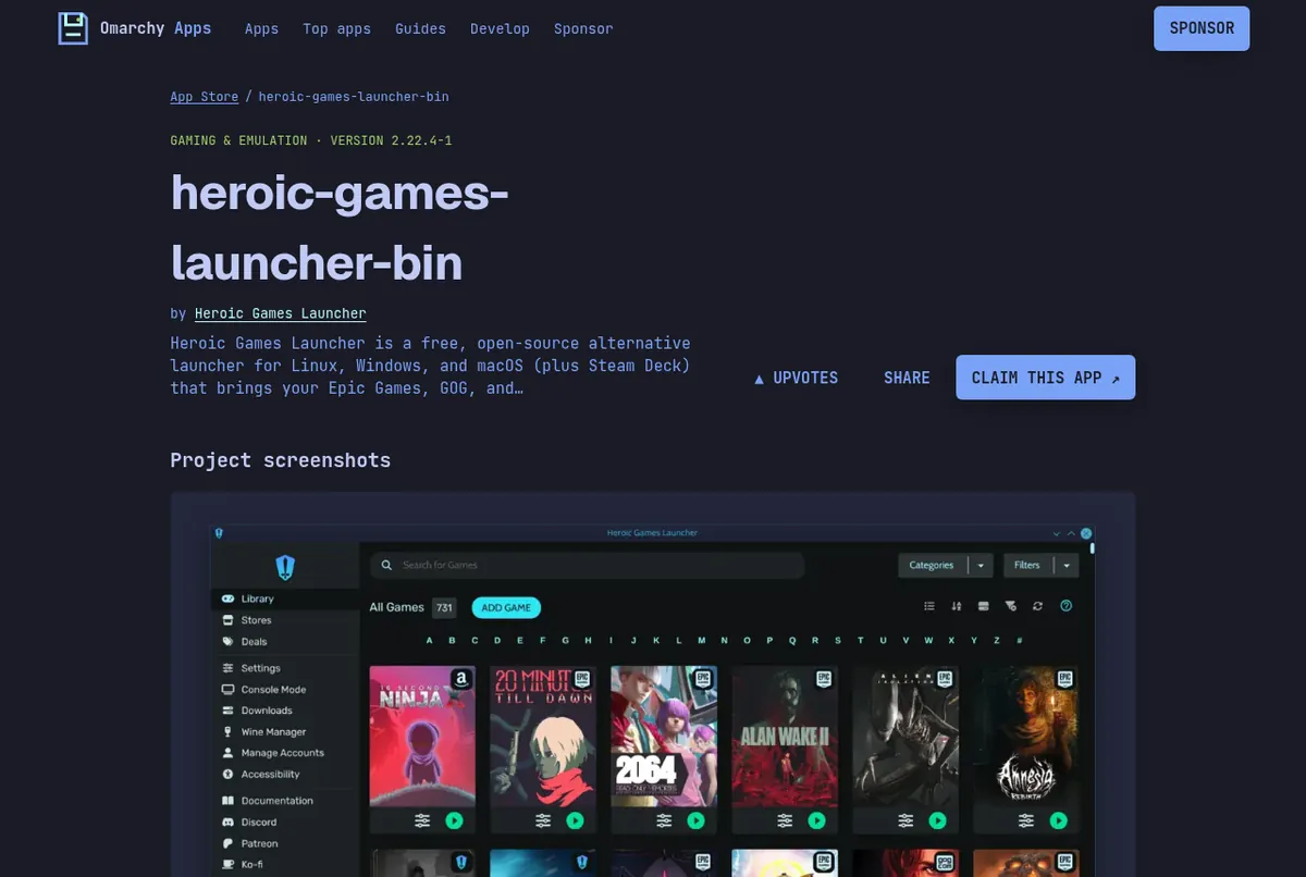 The Heroic Games Launcher listing on the Unofficial Omarchy App Store