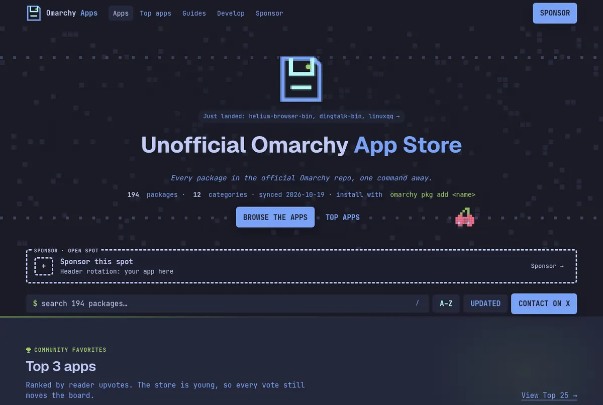 The Unofficial Omarchy App Store home page with the package search