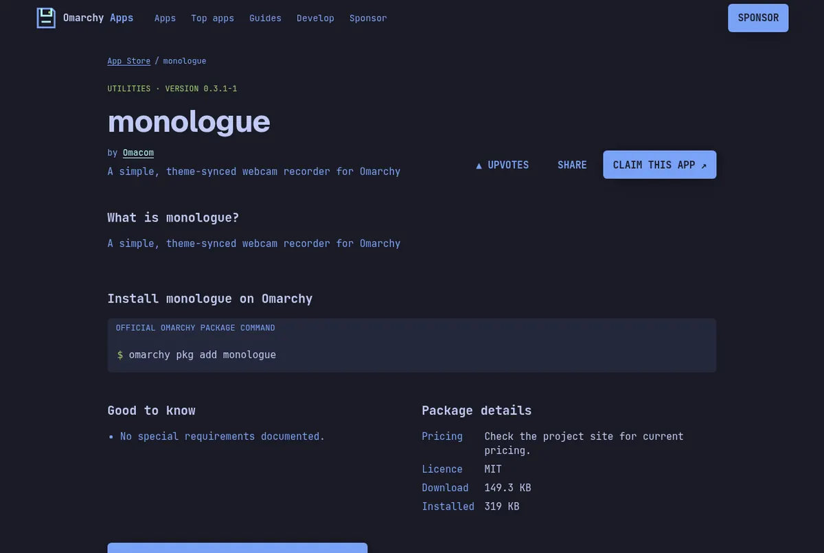 The Monologue listing on the Unofficial Omarchy App Store