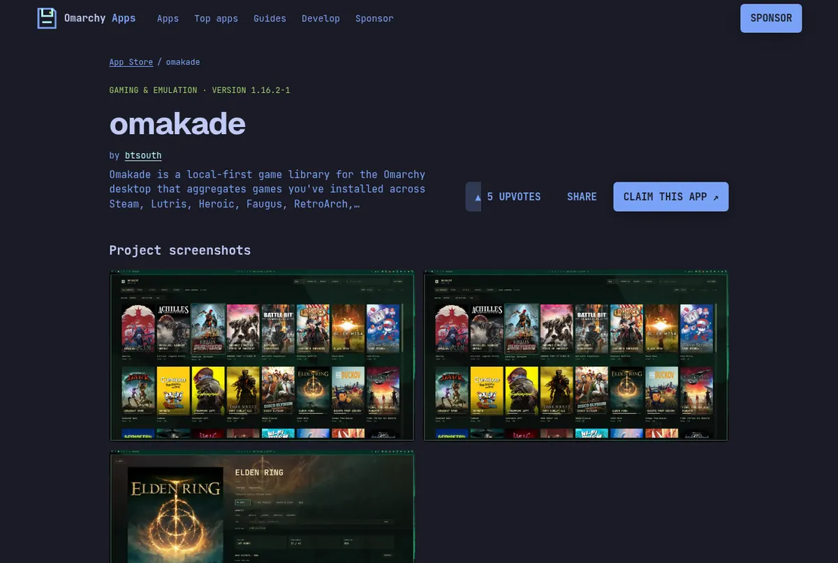 The Omakade listing on the Unofficial Omarchy App Store