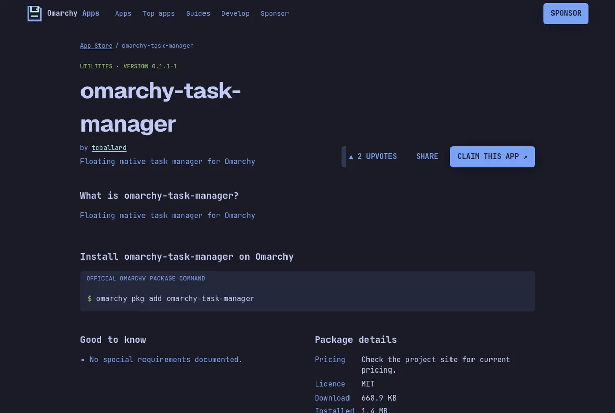 The Omarchy Task Manager listing on the Unofficial Omarchy App Store