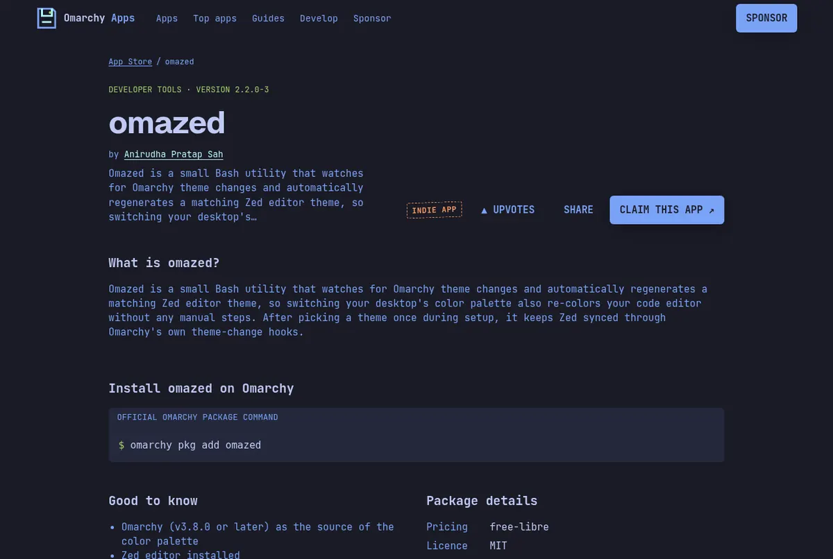 The Omazed listing on the Unofficial Omarchy App Store