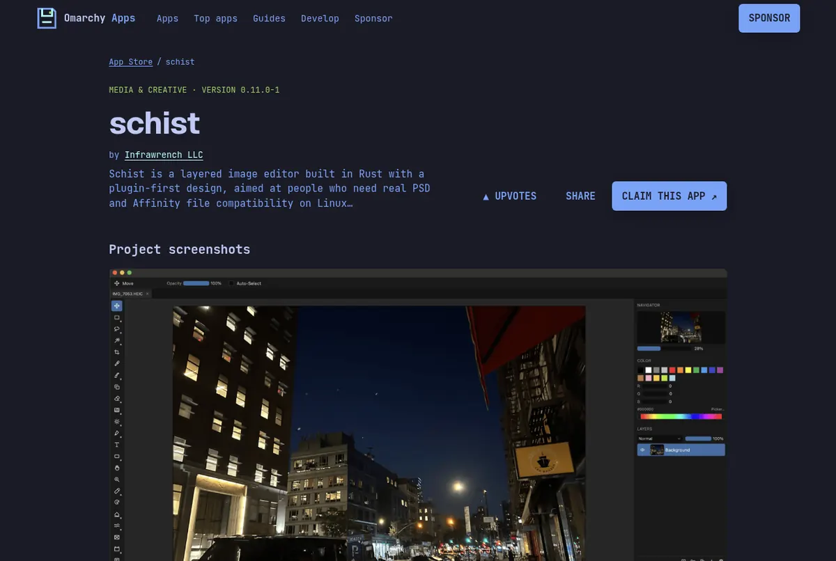 The Schist listing on the Unofficial Omarchy App Store showing the editor with a night city photo