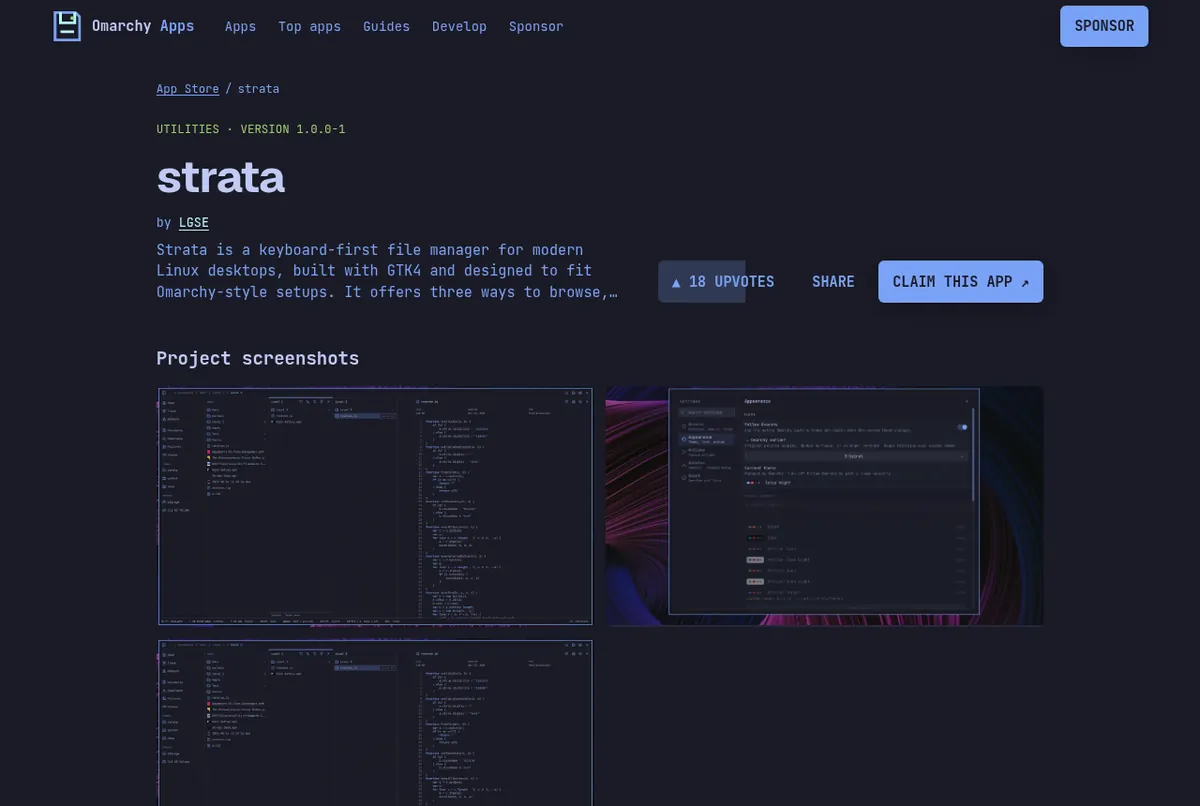 The Strata listing on the Unofficial Omarchy App Store, with version, install command and project screenshots