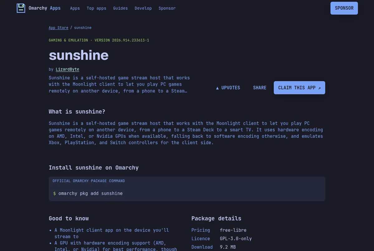 The Sunshine listing on the Unofficial Omarchy App Store