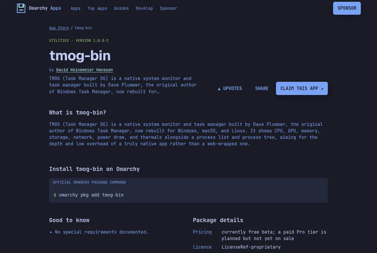The TMOG system monitor listing on the Unofficial Omarchy App Store