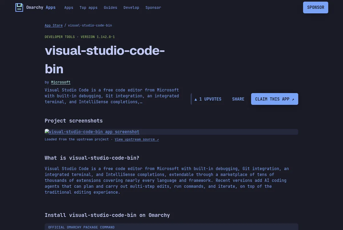 The Visual Studio Code listing on the Unofficial Omarchy App Store